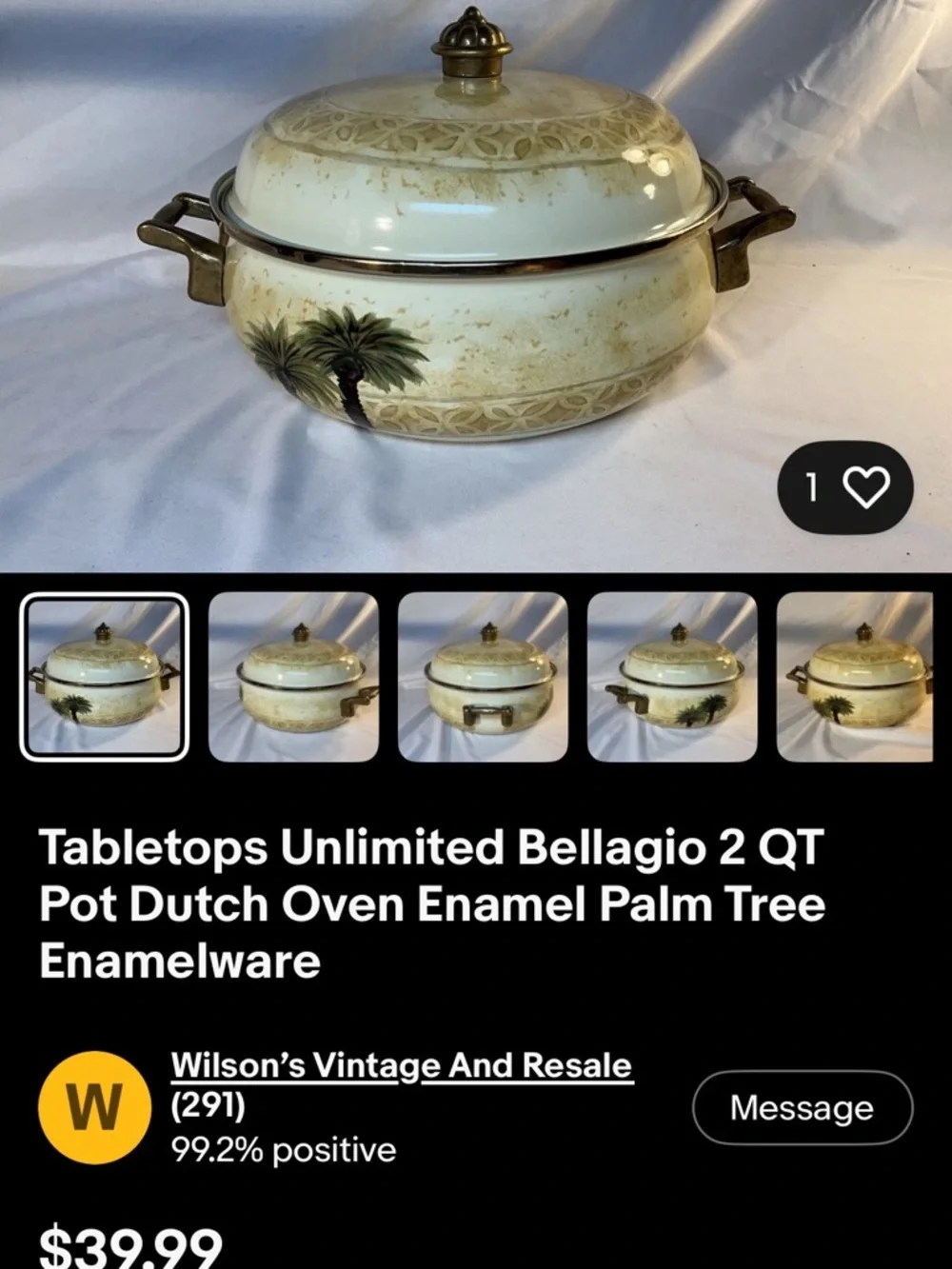Tabletops Unlimited Bellagio 2 QT Enamel Dutch Oven - Cream with Palm Tree
